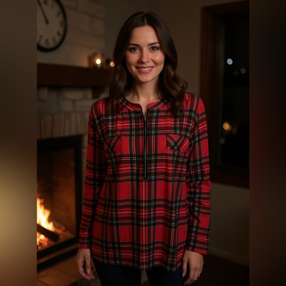 Red Plaid Long-Sleeve Blouse - Classic Casual